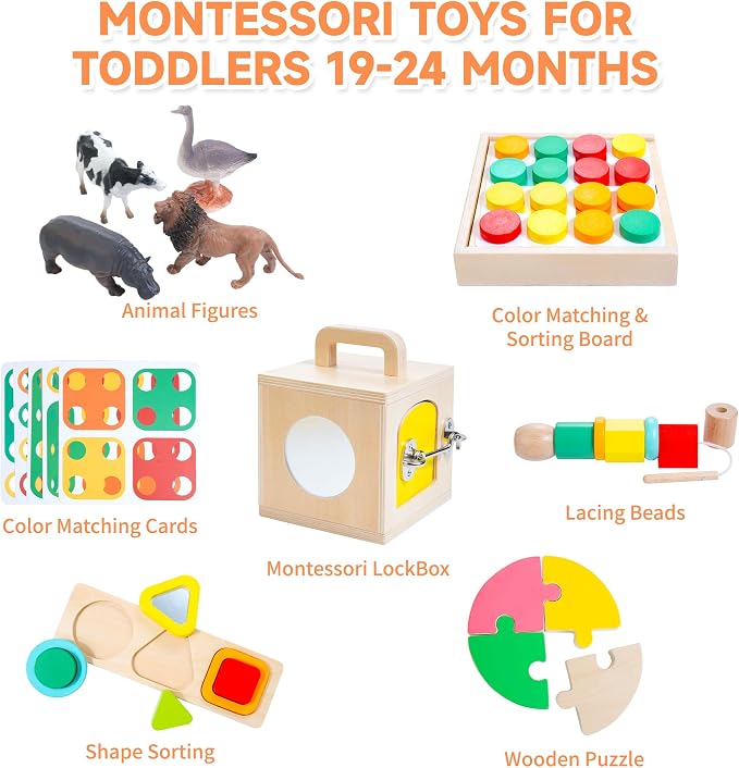 WOODMAM 9 in 1 Wooden Montessori Educational Toy Set for Kids 19-24 Months | 60Pcs Montessori Toys for 1+ Year Old, Lock Box, Color Sorting Board, Lacing Beads, Animal Figures, 19-24 Months Gifts