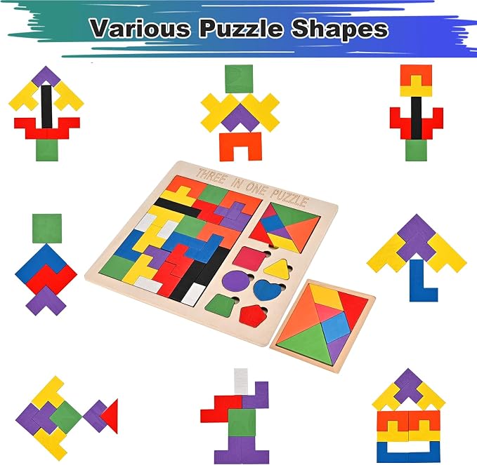 3 PCS Wooden Block Puzzle, Brain Teaser Puzzles for Kids & Adults | Wooden Puzzle Toys with 3-in-1 Russian Blocks Puzzle, Octagon Puzzle, Tangram Puzzles, Montessori STEM Educational Gift Toys