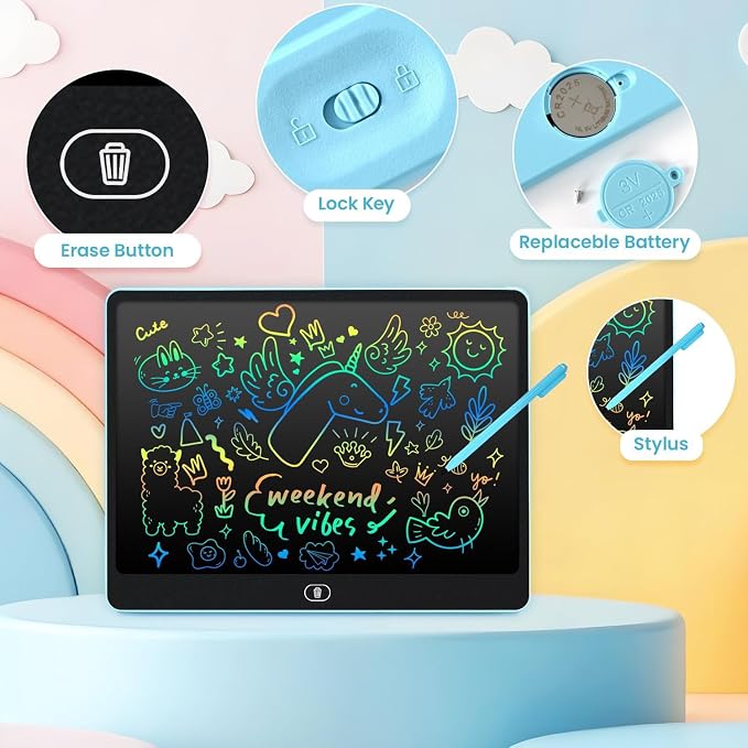 LCD Writing Tablet for Kids, 16 Inch Doodle Board Drawing Pad, Blue | Toddler Travel Essential, Road Trip Activities Outdoor Toys, Party Favor for Preschool Girls and Boys, Birthday Gifts Age 3-5