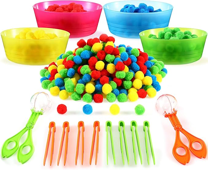138 Pcs Fine Motor Skills Toys for Early Sensory Education Color Sorting Matching Counting Training, for Ages over 3 Including 8 Sorting Bowls 2 Scissors Clip 8 Tweezers and 120 Colorful Plush Balls
