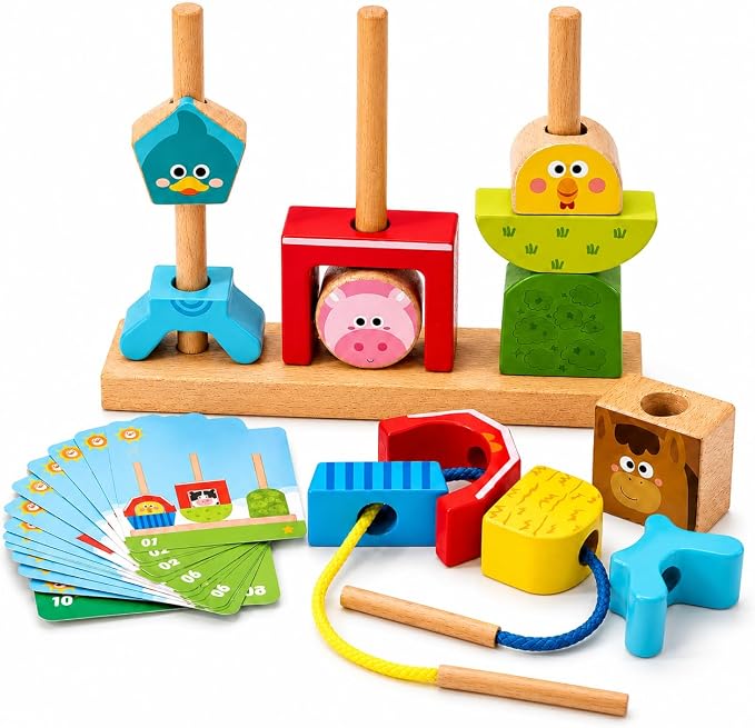 hahaland Montessori Toy for 1+ Year Old, Wooden Farm Stacking Sorting Toy | Toddler Puzzle Activity with Lacing Beads, Shape Cards & Brain Blocks, Learning Gift for Boys Girls 12+ Month
