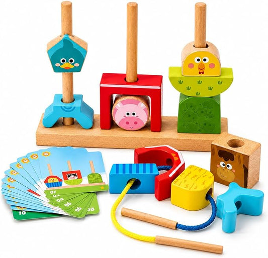 hahaland Montessori Toy for 1+ Year Old, Wooden Farm Stacking Sorting Toy | Toddler Puzzle Activity with Lacing Beads, Shape Cards & Brain Blocks, Learning Gift for Boys Girls 12+ Month