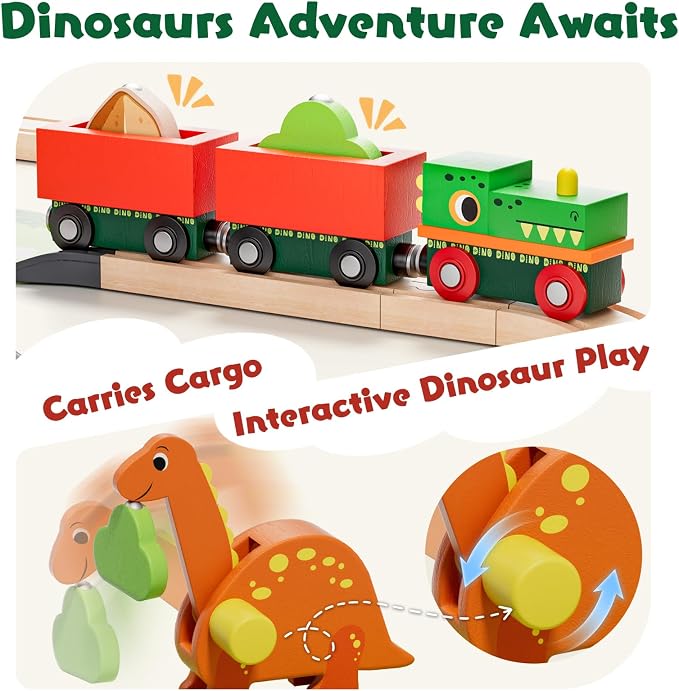 Lehoo Castle Dinosaur Wooden Train Set for Kids Ages 3-7 | Wooden Train Track Set with Dinosaur Crane, Compatible with Most Wooden Tracks, Birthday Gift for Boys and Girls
