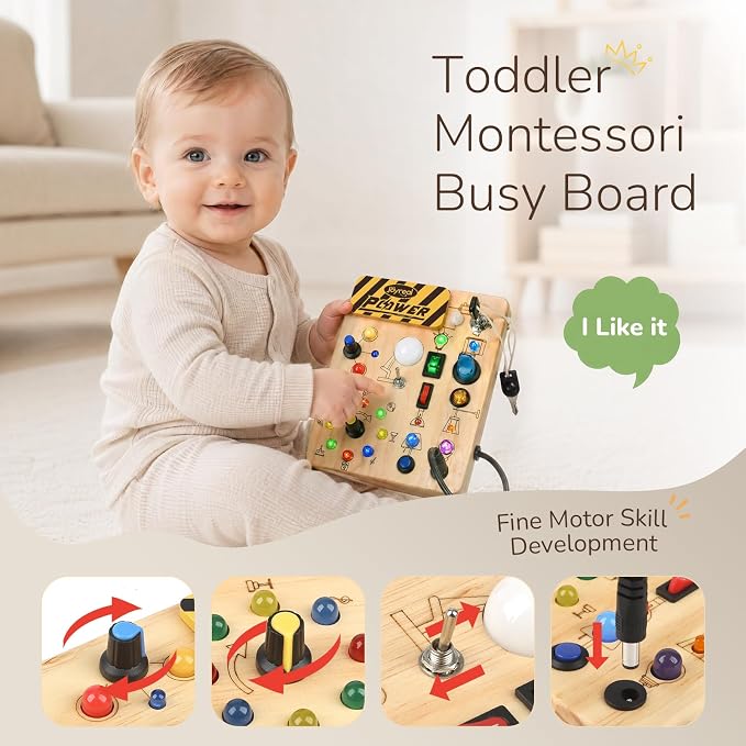 Joyreal Busy Board for Toddlers - Montessori Toys for 1 2 3 Year Old | Wooden Sensory Activity Board with 10 Switches & 19 Lights, Ideal Educational Travel Toy Gift for Boy & Girl Birthday