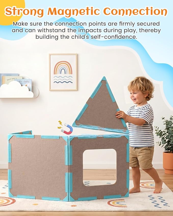 Magnetic Fort Building Kit, 20-Piece Giant Magnetic Tiles Fort for Kids STEM Creativity, Strong Magnets & Safe Magnetic Fort Building Panels for Building Castles, Boat & Tunnels, Ages 3+