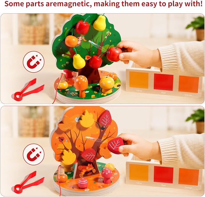 INIFEIDALA Montessori Toys for 3 4 5 6 Year Old - Fine Motor Skills Toy | Wooden Educational Toy for Toddlers,Magnetic Apple Picking Tree & Shape Sorter Puzzle,Hand-Eye Coordination-Color Recognition