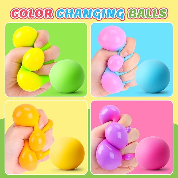 Stress Balls 4 Pack for Adults and Kids, Color Changing Squeeze Toys | Sensory Toys for kids with Autism, Squishy Fidget Toys for Stress and Anxiety Relief, Squishies Squeeze Prize for Classroom