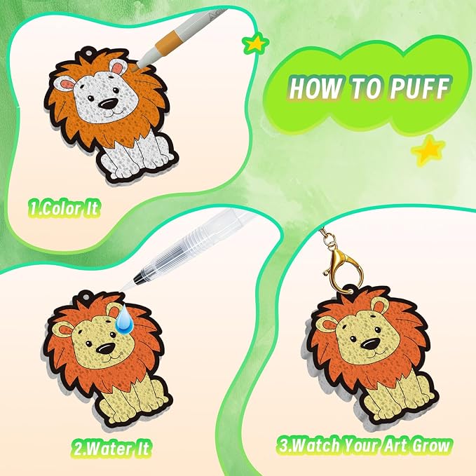 SOOVSY Magic Puffs 3D Art Kit for Kids, Water Activated Puffy Art Craft Kit with Animals Designs, DIY Color & Inflate Activity, Screen-Free Travel & Rainy Day Toy for Girls Boys Ages 4-8