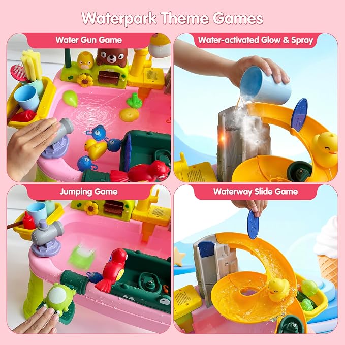 Water Table for Toddlers 1-3, Outdoor Toys for Kids Ages 4-8 with Pump, Kitchen Play Sink with Running Water, Fishing Toys Playset, Summer Outside Sand Water Sensory Activity Pool Toys Gifts, Pink