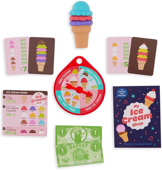 Battat Education – Ice Cream Toys for Kids – Play Ice Cream Set – Ice Cream Stand for Toddlers – Ice Cream Playset – 3 Years + – My Ice Cream Shop (60 Pcs) | Educational ice cream stand with scoops, cones, play cards, money, menu, game wheel, and guide...