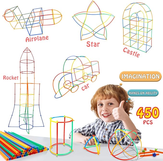Ggiibro Creative Straw STEM Building Toys 450Pcs Aged for 3-5 5-7 Preschool Kids Constructor Toy Thin Tube Toy DIY Educational Interlocking Plastic Engineering Toys Kit for Boys and Girls
