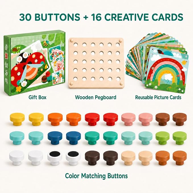 Button Art Toys for Toddlers, Mosaic Peg Board Toddler Color Matching Game | Wooden Puzzles for Toddlers 3-5, Color Matching Mosaic Pegboard with 30Button & 16Card Learning Resources Gift for Boys Girls