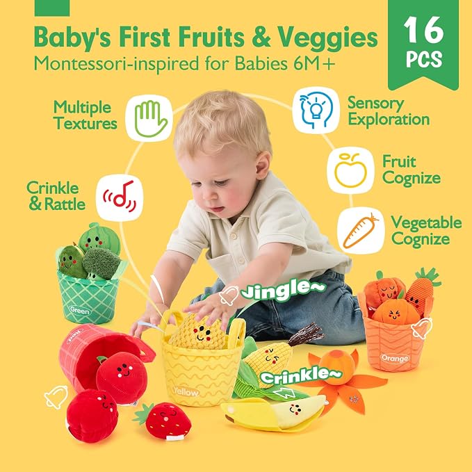 hahaland Baby Sensory Toys Montessori Toys 1 Year Old Fruit Vegetable 16PCs | Color Sorting Play Food with Textures, Crinkle, Rattle, 6-12 Month Baby Toys 1 Year Old Boy Gifts One Year Old Girl Birthday