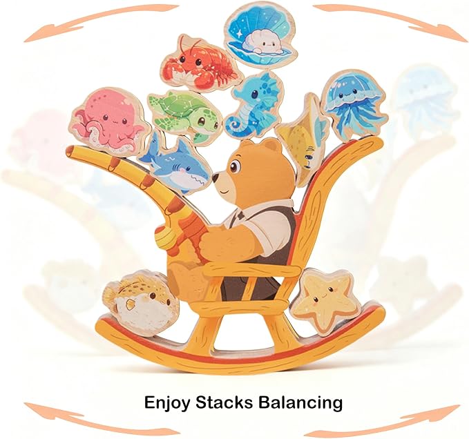 Wooden bear fishing Toy,Balance Stacking for Toddlers1-3&Kids 4-5-6 | 15pcs Blocks,Lacing Beads,Fine Motor Skills,Montessori STEM Education Learning Toy,Craft Gift for Boys&Girls