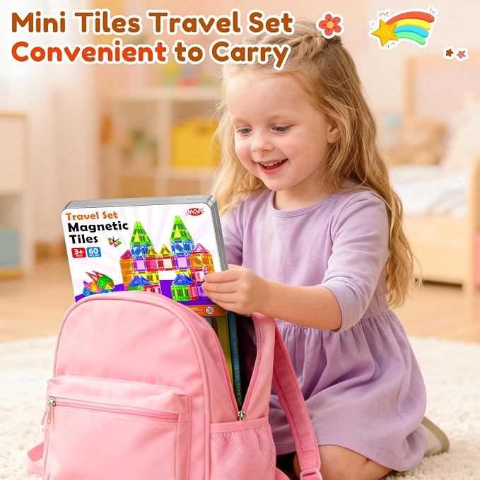 NVHH 60PCS Mini Magnetic Tiles Travel for Kids Ages 3-5 4-8 with Iron Box | Magnet Building Kids Toys for 3 4 5 6 7 8 Year Old Boy Girl Toddler Creativity Construction Sensory Christmas Birthday Gifts