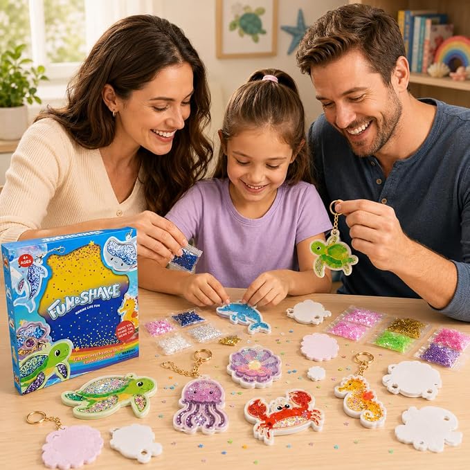 DIY Glitter Craft Kit with Keychains - Mess-Free Arts and Crafts for Kids Ages 4-8, Fun Shake-It Activity, Creative Travel Toys, Party Favors & Birthday Gifts for Girls 4-9