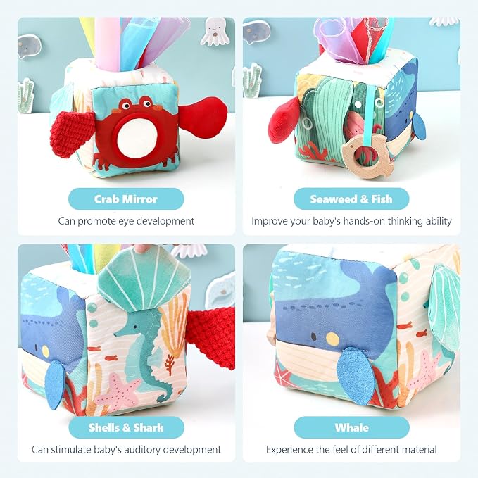 Youuys Baby Tissue Box Toy for Babies 6-12 Months - Montessori Toys Baby Tissue Box Sensory Toys for 1 Year Old - Boy Girl Gifts for Babies 6 12 18 Months Old (Ocean)