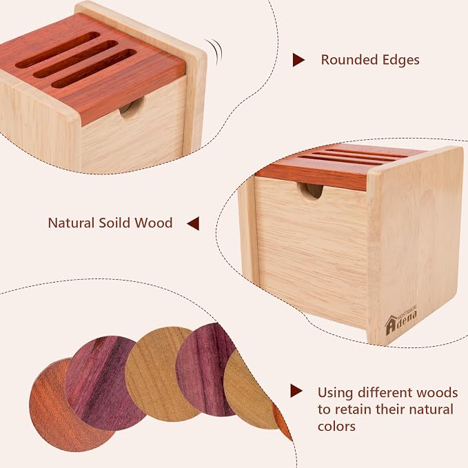 Adena Montessori Wooden Coin Box with Lid Object Permanence 6-12 Months | Solid wood smooth edges, flip lid, 6 coins, three tones. Builds grip, focus, fine motor, hand-eye. For 6-12 months. Gift.