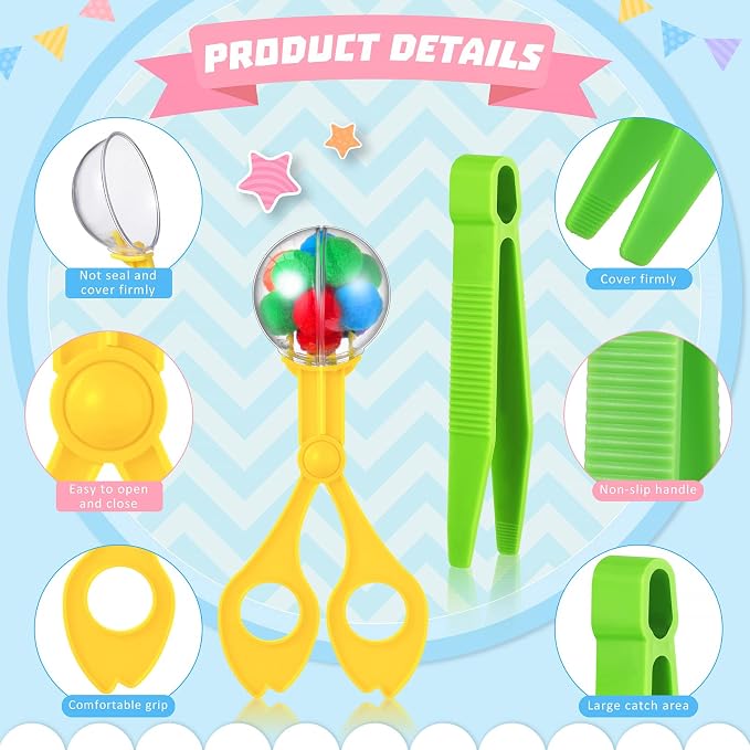 142 Pcs Kids Tweezers Fine Motor Sensory Bin Set, Bowls Tongs Plush Balls | Toddler Sorting Scooper, 12 Bowls, 8 Tongs, 2 Clips, 120 Balls, Spring Sensory Play