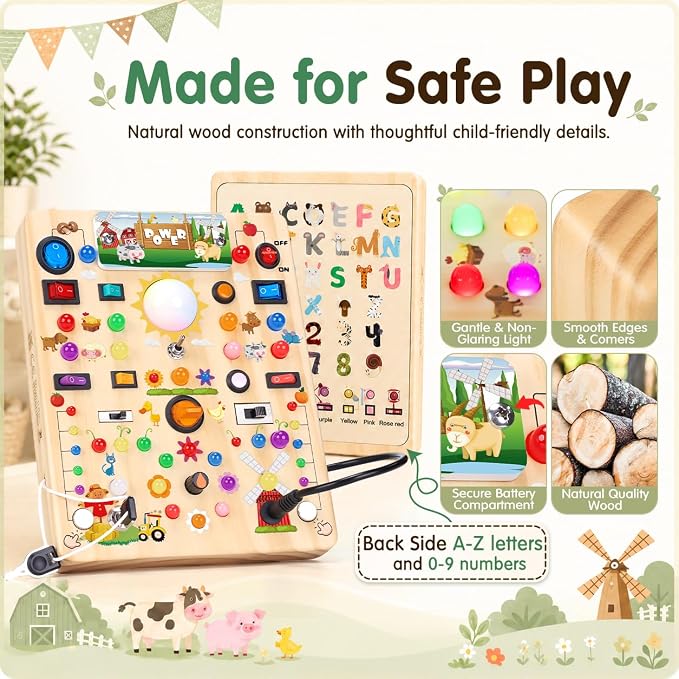 HarVow Busy Board with LED Light Switches, Montessori Toys for 1 2 3 Years Old, Toddlers Wooden Toy Sensory Activity Board, Travel Toys for 1+ Year Old Boy & Girl Birthday Gift (Farm 19 Switches)