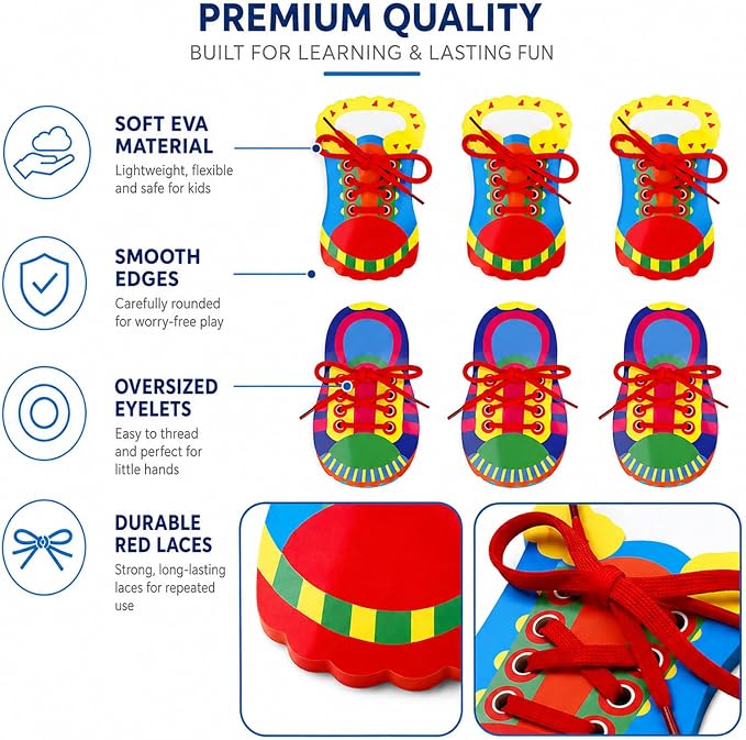 Quixorblex 6 Pcs Shoelace Threading Shoe Tying Practice for Kids Lacing Cards Toddlers Fine Motor Skills Toys Learning Activities Montessori Toys