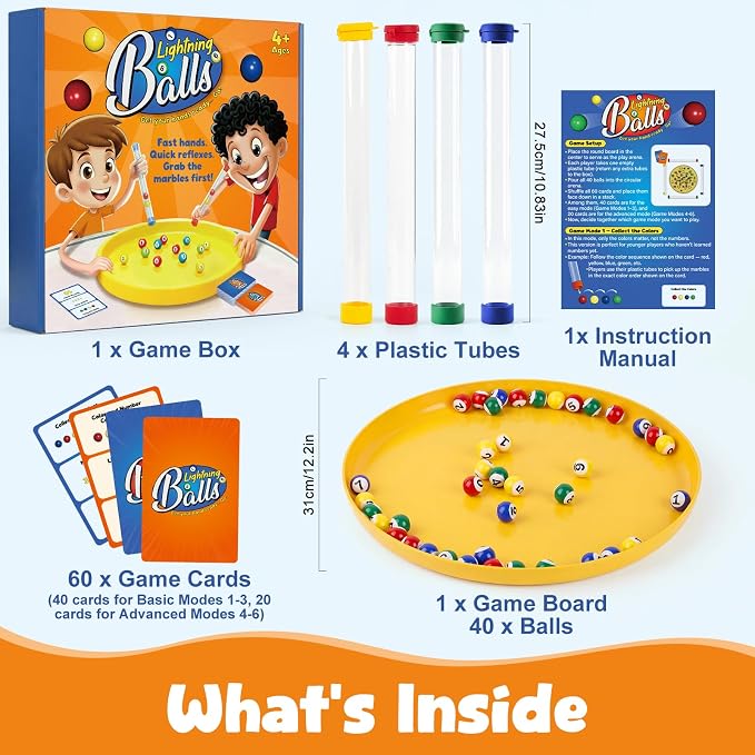 Kasfalci Lightning Balls – Fast Paced Marble Game for Kids Ages 4-8, 6 Game Modes Action Board Games with Color and Number Learning, Hand-Eye Coordination, Fine Motor Skills, Family Games, Kids Toys