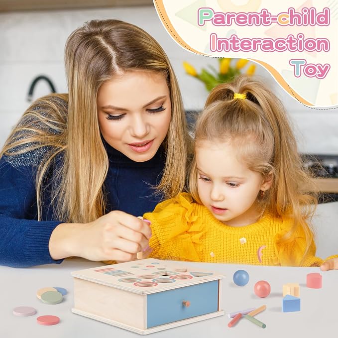 Pajojoqa Montessori Toys for 3 4 5 Color Sorting - Wooden Object Permanence Box with Drawer Sensory Toys Shape Sorter Education for Boy Girl Drop Busy Box 4 in 1