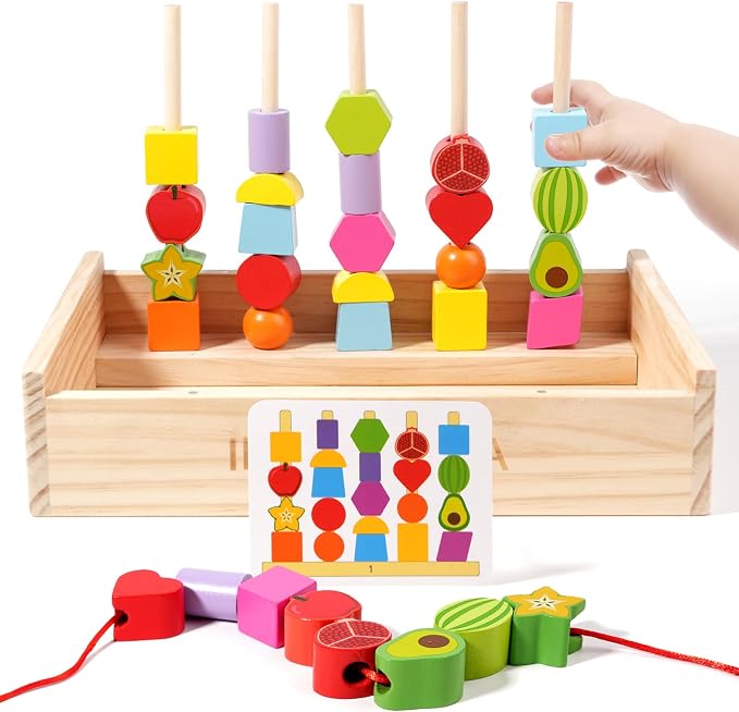 INIFEIDALA Montessori Toys for 3 4 5 Year Old,Gifts for Toddlers | Stacking Blocks, Lacing Beads & Shape Stacker, Wooden Beads Sequencing Toy Set, Fine Motor Skills & STEM Preschool Learning