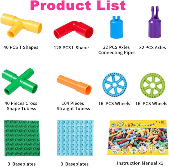 burgkidz 426 Pieces Toy Pipe, Creative STEM Tube Locks Construction with Wheels and Mini Baseplate, Interlocking Educational Sensory Kit, Preschool Learning Toys for Boy and Girls Ages 3+ | 426 pcs: cars, planes, houses & more. 396 tubes, 24 wheels, 6 ...