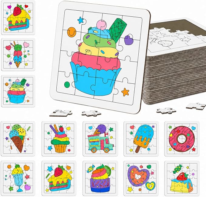 Cinrobiye 24 Pcs Ice Cream Coloring Puzzle Craft Kit for Kids, DIY Candy Donut Jigsaw Puzzles Bulk with 12 Designs, Sweet Treat Arts and Crafts for Birthday Party Favors, Classroom Rewards