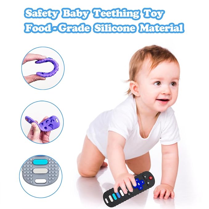 ROBBEAR Baby Teething Toys, Food Grade Silicone Teether for Babies 3 6 12 18 Months, TV Remote Shape Toddlers Chew Toys, Freezer BPA Free (Black+Beige)