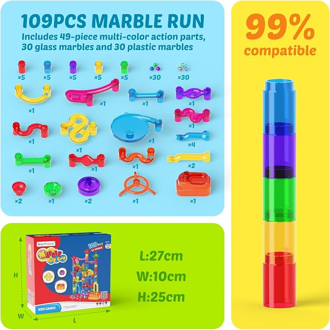 MaxTronic Marble Run kit, 109 Pcs Marble Maze Race Building Blocks Toy Game & STEM Learning Toys Christmas Birthday Gift for Kids Aged 3-12