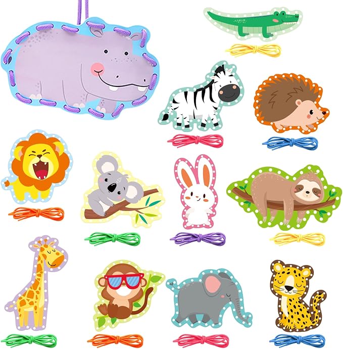 Jungle Animal Lacing Cards for Kids 12 Packs Double Sided Sewing Kits Lion Wild Animal Sewing Cards Educational & Learning Activities Fine Motor Skill for School Supplies Jungle Party Decor