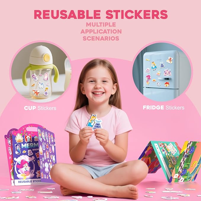 Premium Reusable Jelly Sticker Book Set for Toddlers & Kids – 3 Pack Collection with Castle, Mermaid & Children's Scenes | Washable Silicone Stickers | Screen-Free Travel Activity