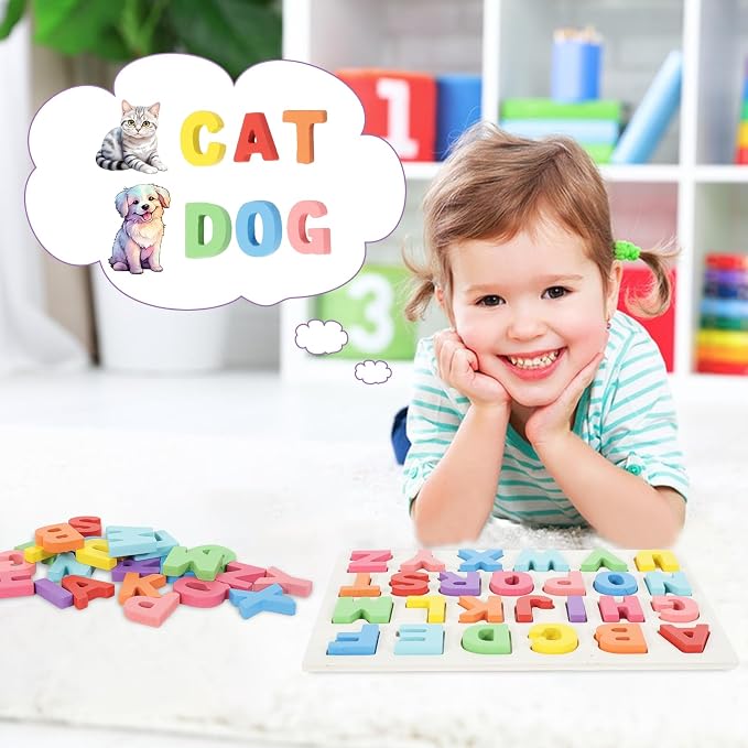 Kairsya Alphabet Puzzle Wooden Puzzles for Toddlers Alphabet Learning Puzzles Toys with Wood Letters Montessori Wooden ABC Learning Toys for Toddlers 1-5 | Preschool Educational Gift for Kids
