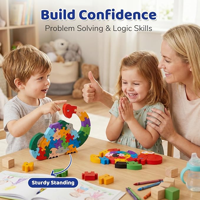 LovesTown Wooden Puzzles, Snail & Dinosaur, Double-Sideld | Alphabet & Number Learning, Montessori Toy, for Kids, Shape Recognition, Fine Motor Skills, Screenless Play