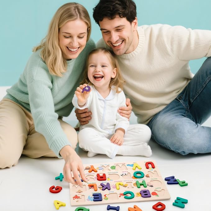 Alphabet Puzzle Wooden Puzzles for Toddlers ABC Shape Learning Toddler Toys | ABC Puzzle with Board & Letter Blocks, Preschool Educational Toys for Girls Boys, Pattern Alphabet