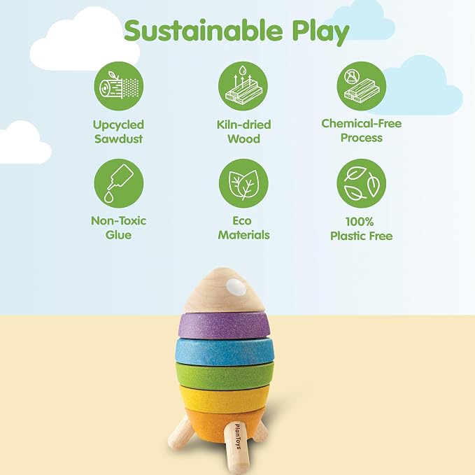 PlanToys® Wooden Stacking Rocket Toy for Toddlers, Montessori STEM Learning | wooden stacking rocket, montessori STEM learning, colorful rocket stacker, fine motor skill problem solving, preschool gift k