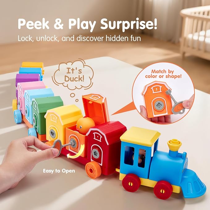 hahaland Montessori Farm Train Set, Toddler Learning Toys for 2-3 Year Olds | Count, Match, Sort Unlock 9 Numbered Barns with Farm Animal Finger Puppets, Color-shape Keys and 4 Train Birthday Gifts