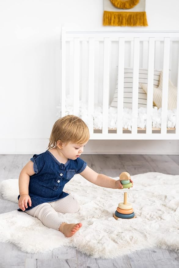 Pearhead Wooden Rainbow Stacking Ring Toy, Montessori Baby Stacker | Neutral Color Sorting Rings, Fine Motor Play, Hand-Eye Coordination, Nursery Decor, Baby or Toddler Gift, Ages 12M+