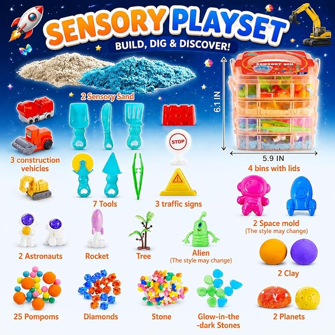 AGENTLAN Stackable Sensory Bin, Construction & Space Sensory Sand Play Set | Construction and space themes play sand kit, gift for toddlers, boys and girls ages 3+