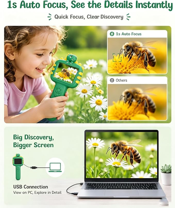 Outdoor Portable Kids Microscope: Handheld Microscope Auto Focus | Pocket 1000x Hand Held Microscope, Magnifying Camera for Travel, 3.5H Rechargeable Battery 6 LEDs, Anytime Exploration