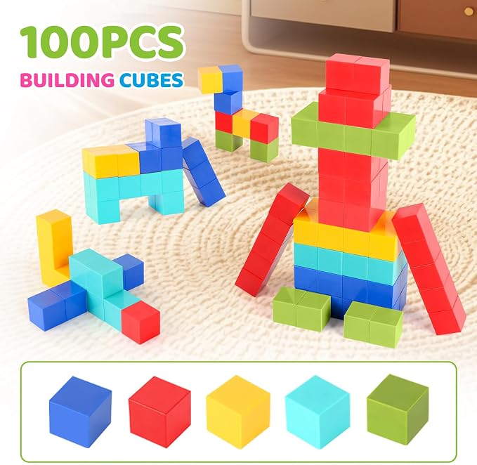 ZHENFINITY 100PCS Magnetic Building Cubes, 5-Color Solid Blocks | STEM Building Toy Gift for Kids Ages 4-8, Magnetic Cubes, Creative Construction Toy for Birthday, Christmas & Holiday Gifts
