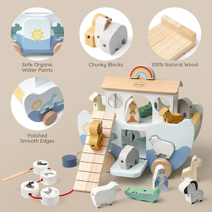 Joyreal Wooden Noah's Ark Toy for 1 Year Old Baby Boy and Girl Baptism Gift | Neutral Color, Montessori Educational Toy, Animal Shape Sorter, Christian Toys for Toddler 1-3, Christmas Birthday Gift