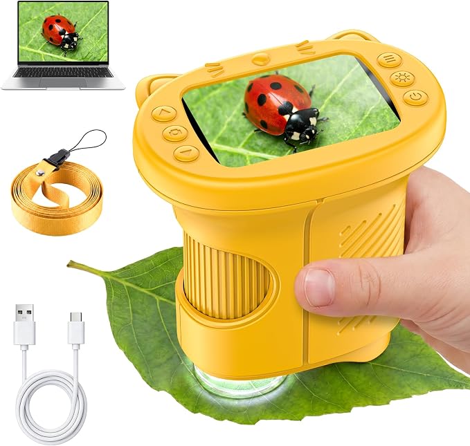 Alotwan Kids Microscope Handheld, Digital 1000X, 2.4" HD Screen | Pocket Size, Miniscope, Camera, Magnifying Glass, Outdoor Play, Science STEM Toys, Gifts for 3+ Ages, Yellow