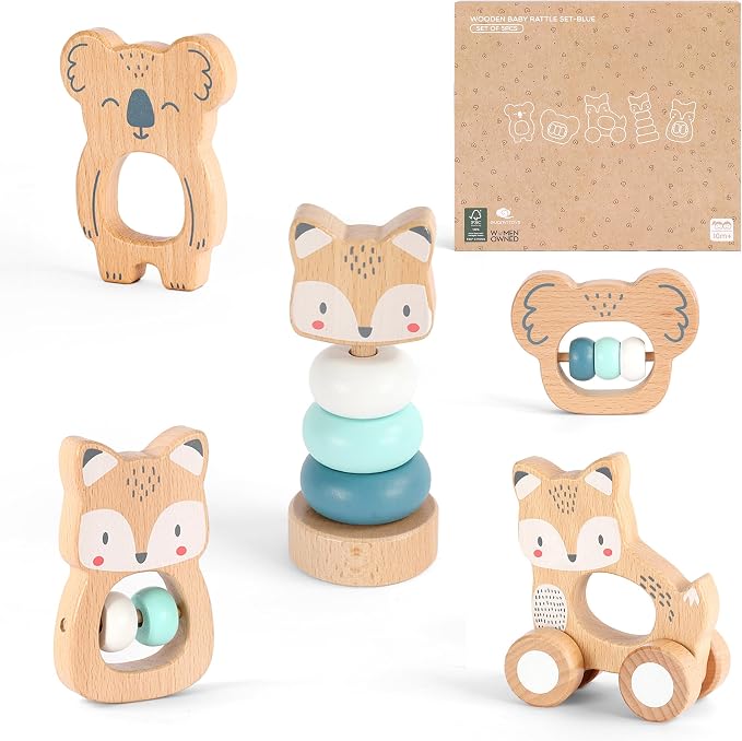 FReniland Wooden Montessori Toys, 5-Piece Wooden Baby Toy, Koala Baby Rattle, Fox Stacking Ring, Little Fox Push and Pull Toys,Koala Holding Toy,Newborn Baby Gift Sets for Boys and Girls