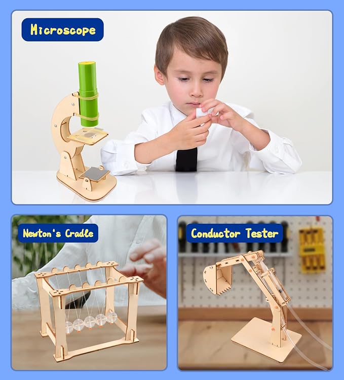 6-in-1 STEM Science Kits for Kids, Wood Arts and Craft Kits, STEM Toys for Boys Girls Age 8-12 5-7 8 10 12 13 14 Gift Idea, 3D Puzzles Building Engineering Model Set