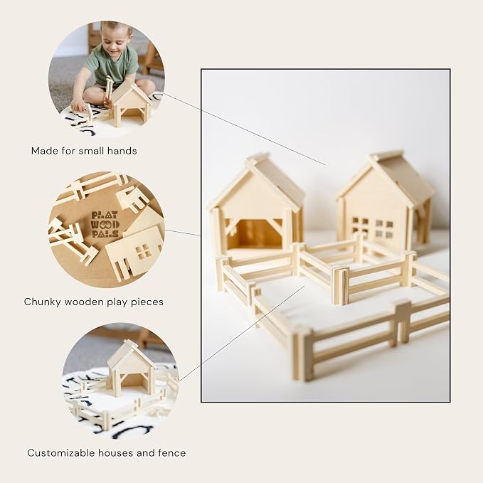 Natural Wood Farm Building Set for Kids Ages 3+, 34-Piece Farm Construction Toy with Interlocking Barns and Fences, Open-Ended Creative Building & Imaginative Play