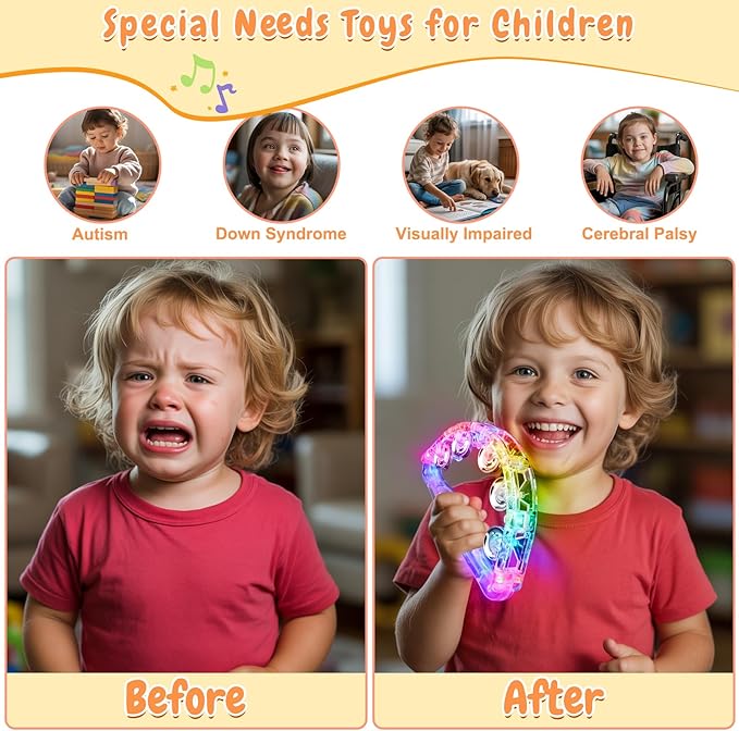 Aywewii LED Tambourine Light Up Musical Sensory Toys for Kids with Autism | 3 Flashing Modes (Fast, Slow & Alternating), Special Needs Must Haves, Toddler Instruments, Birthday Gifts for Boys & Girls
