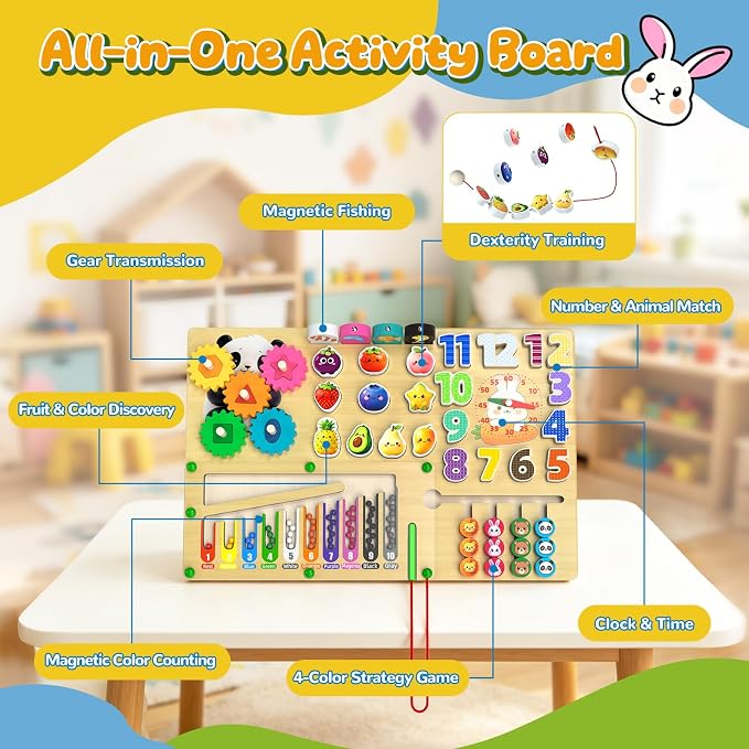 9-in-1 Montessori Busy Board Wooden Magnetic Maze Toy for 3+ Year Old Gift | Toddler Sensory Educational Activity Board Travel Toy with Felt Counting Blocks